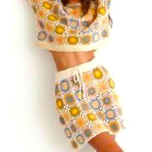 Ghanda Cream Crochet Mini Skirt with Yellow & Blue Floral Motif
